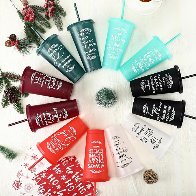 Havawish 12 Pcs Mothers Day Christian Tumbler Gift Bulk Religious Inspirational 24 oz Drinking Jesus Cup with Lid Straw Bible Verse Plastic Cup for Church Father Teacher First Communion (Joyous Color)