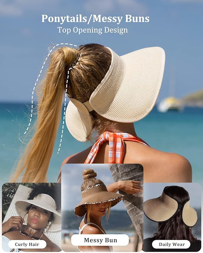 FURTALK Sun Hats for Women Wide Brim Beach Hat Straw Visor Ponytail Summer UV