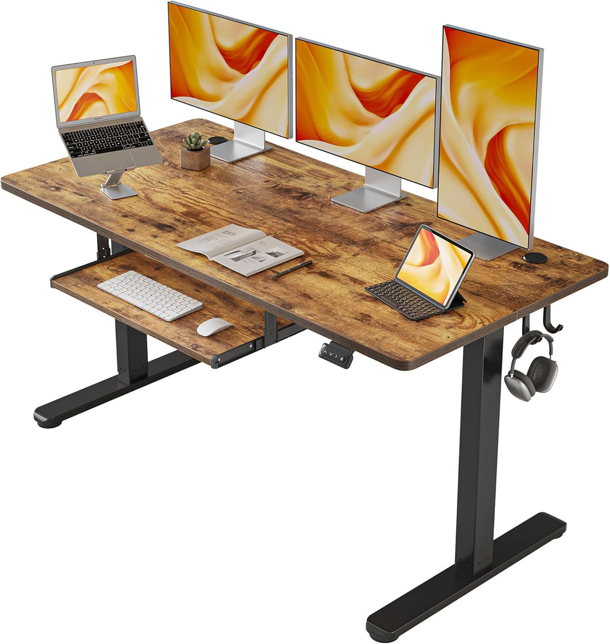 FEZIBO Standing Desk with Keyboard Tray, 60 x 24 Inch Adjustable Height Sit Stand Desk with Memory Presets for Home Office, Ergonomic Computer Workstation, Rustic Brown