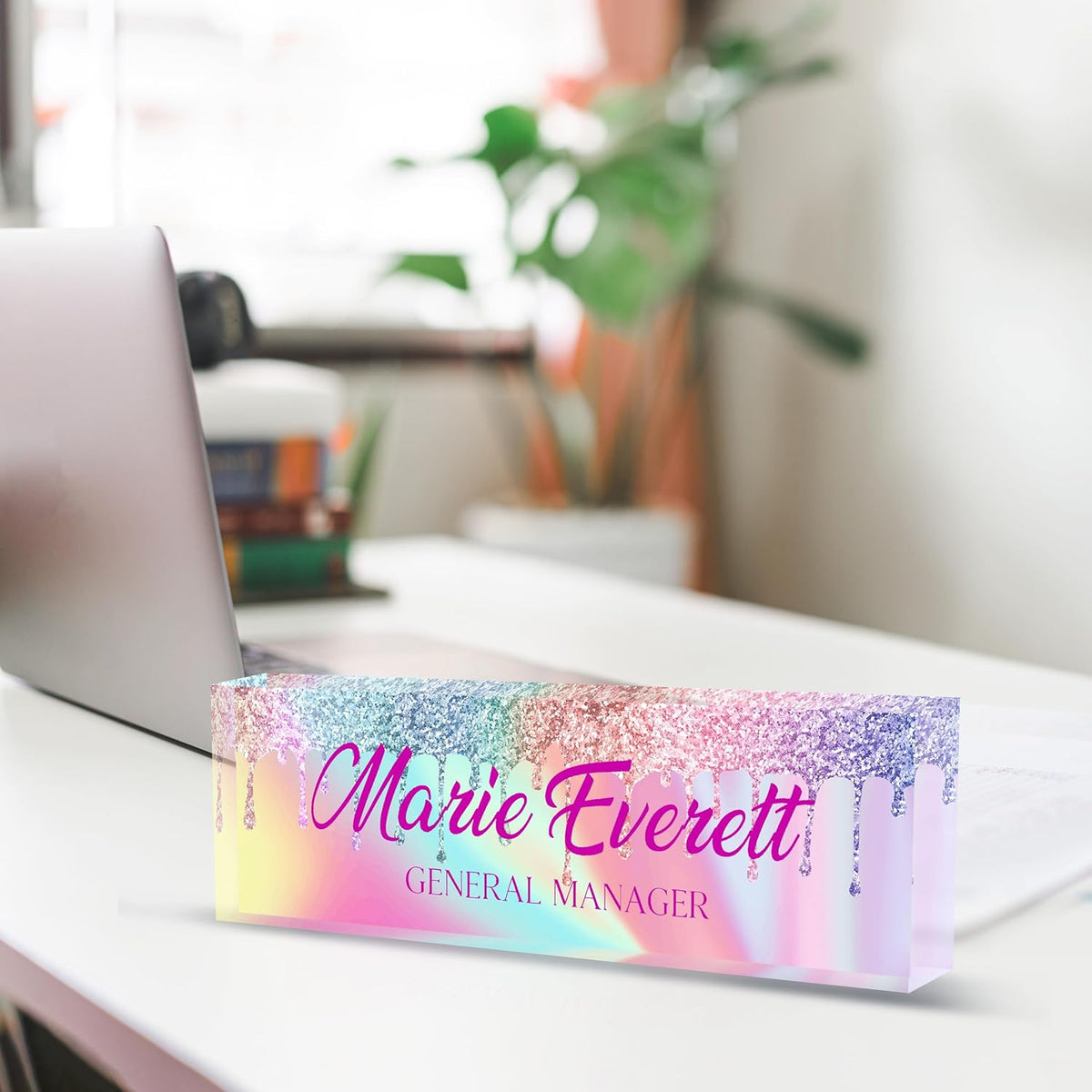 Personalized Name Plate for Desk, Custom Desk Name Plate, Acrylic Name Plate Office Desk Accessories, Personalized Office Gifts for Coworkers Teachers, Employee Appreciation Gifts (B-Colored Crystal)