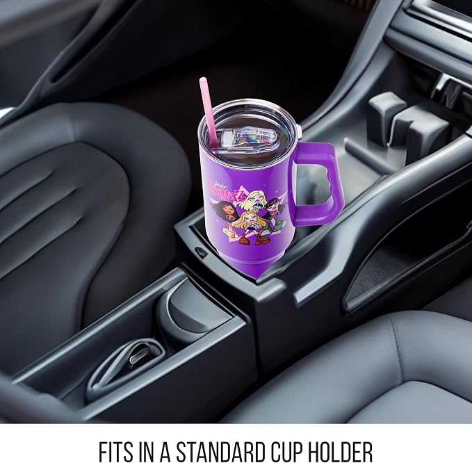 Silver Buffalo Bratz Featuring Cloe, Yasmin, Jade, and Sasha Double Walled Stainless Steel Tumbler with Handle and Straw, Fits in Standard Cup Holder, 40 Ounces