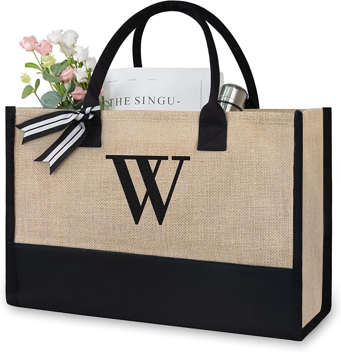 TOPDesign Initial Jute/Canvas Tote Bag, Personalized Present Bag, Suitable