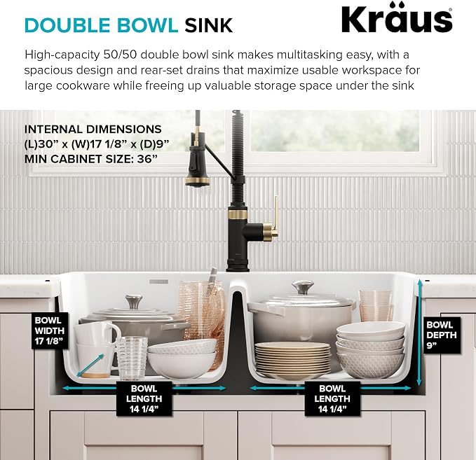 KRAUS Forteza 33-inch Granite Drop In/Undermount 50/50 Double Bowl White