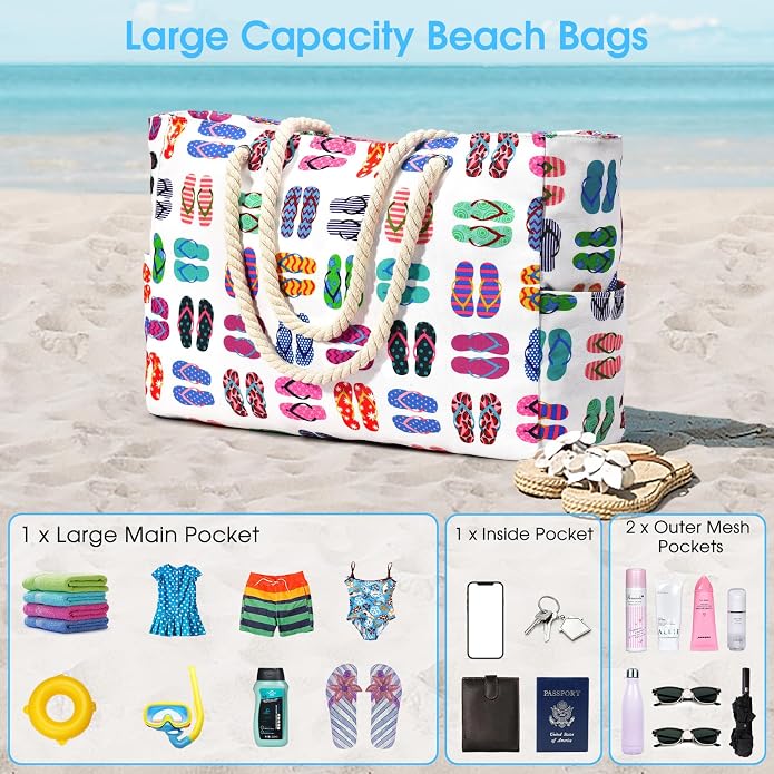 Becokan Beach Bags for Women Large Waterproof Beach Tote Bag Zipper Beach Bags
