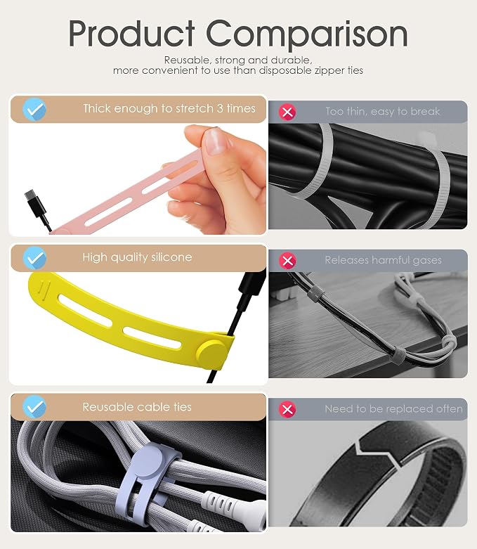40Pcs Nearockle Reusable Cable Ties, Adjustable Silicone Cord Organizer Small