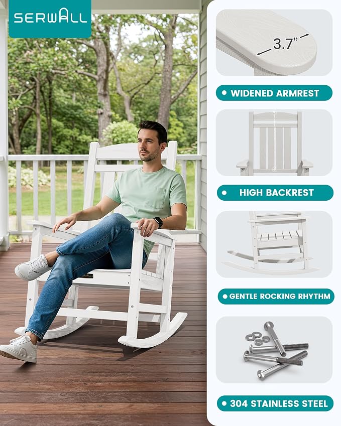 SERWALL Outdoor Rocking Chair, HDPE Patio Rocking Chair All-Weather Porch Rocker