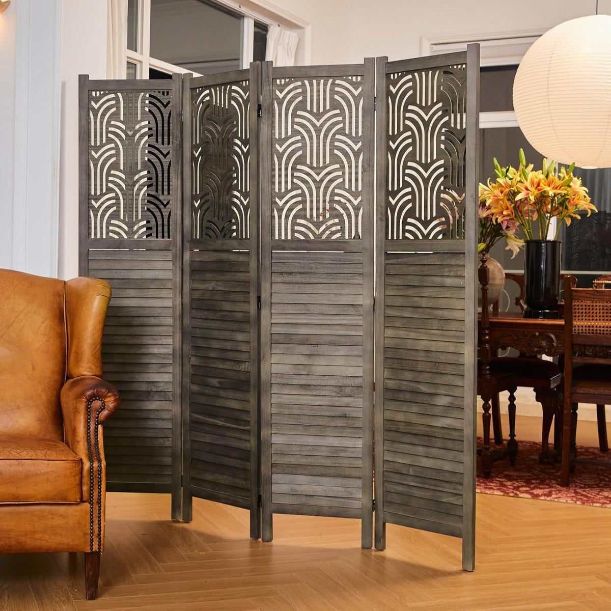 Folding Room Divider, 66.9 Inch 4 Panels Wood Carved Privacy Screens, Free Assembled Freestanding Portable Separation Wall for Home Office Restaurant Bedroom (Gray)