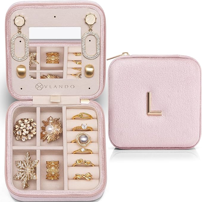 Vlando Travel Jewelry Case for Women Girls, L Initial Travel Jewelry Case