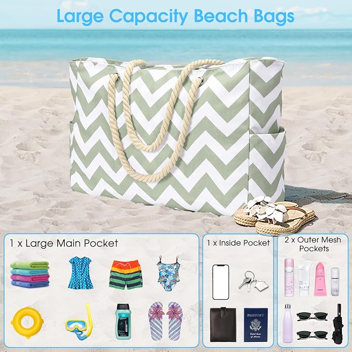 Becokan Beach Bags for Women Large Waterproof Beach Tote Bag Zipper Beach Bags