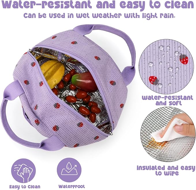 Bluboon Lunch Bag for Women Men Cute Corduroy Lunch Tote Bags Reusable