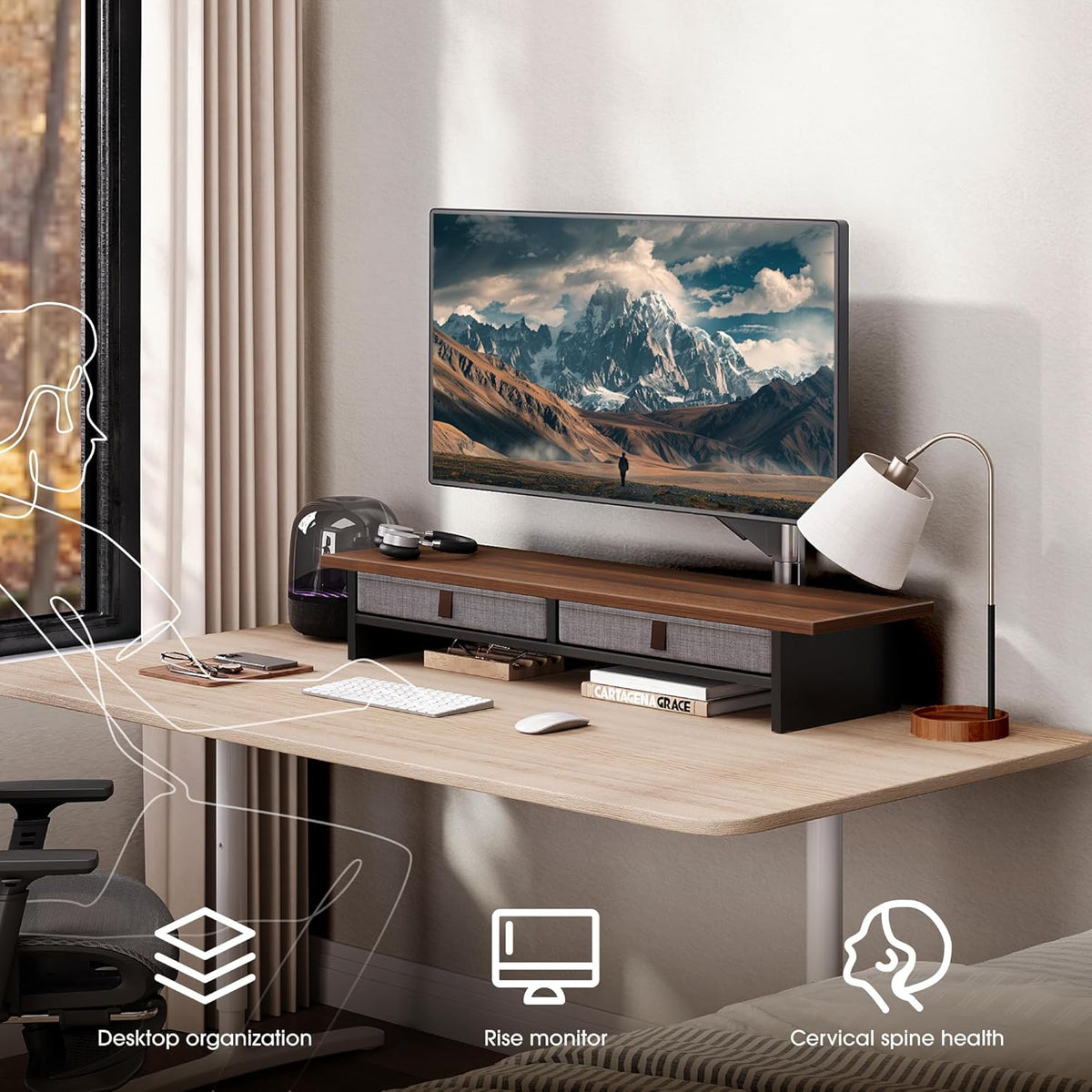 Fenge Monitor Stand with Drawer, 2 Tiers Dual Monitor Riser for Desk, 35 Inch Computer Stand for 2 Monitors, Desk Shelf for Home, Office, Laptop, PC, TV, Printer