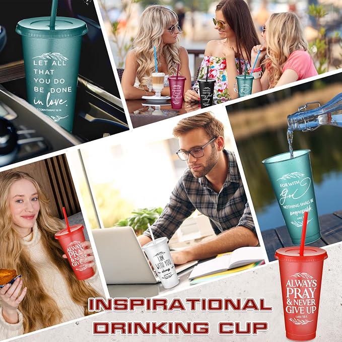 Havawish 12 Pcs Mothers Day Christian Tumbler Gift Bulk Religious Inspirational 24 oz Drinking Jesus Cup with Lid Straw Bible Verse Plastic Cup for Church Father Teacher First Communion (Joyous Color)
