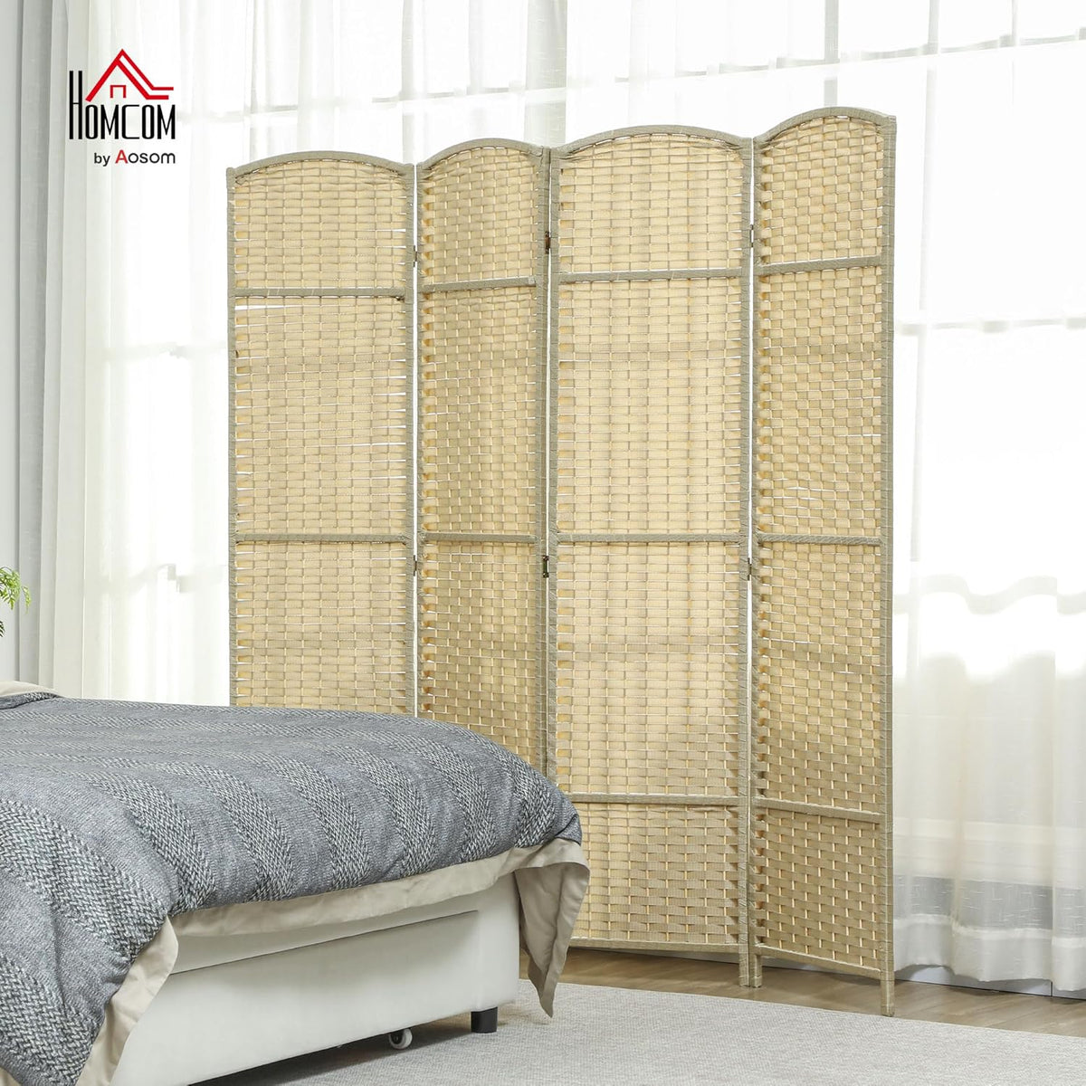 HOMCOM Room Divider, 4 Panel Folding Privacy Screen, 5.6' Tall Freestanding Partition for Home Office, Bedroom, Beige