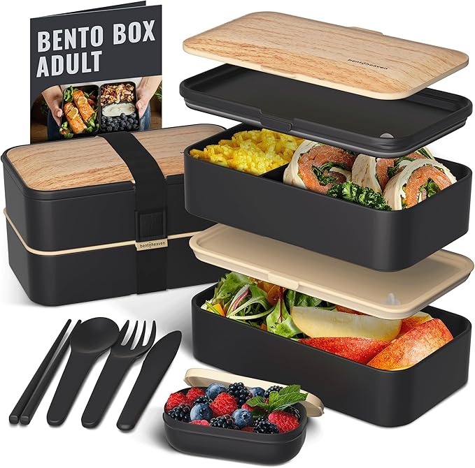Bentoheaven Premium Bento Box Adult Lunch Box with Compartments for Women & Men, Set of Utensil & Chopsticks & Dip Container, Cute Japanese Kids Bento Lunch Box, Microwavable (Symph Onyx)