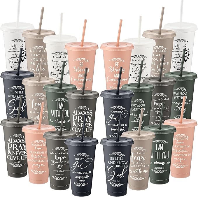 Havawish 24 Pcs Mothers Day Christian Tumbler Gift Bulk Religious Inspirational 24 oz Drinking Jesus Cup with Lid Straw Bible Verse Plastic Cup for Church Father Teacher First Communion (Vivid Color)