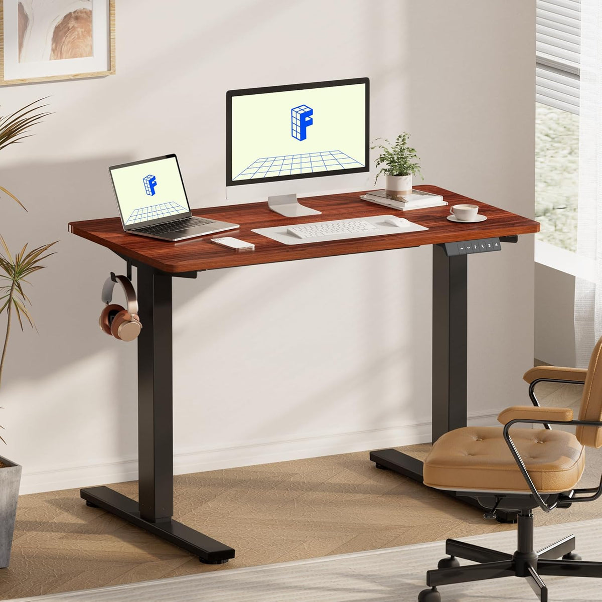 FLEXISPOT EN1 Whole-Piece Standing Desk, 48 x 24 Inches ElectricHeight Adjustable Desk for Home Office (Black Frame + Mahogany Top, 2 Packages)