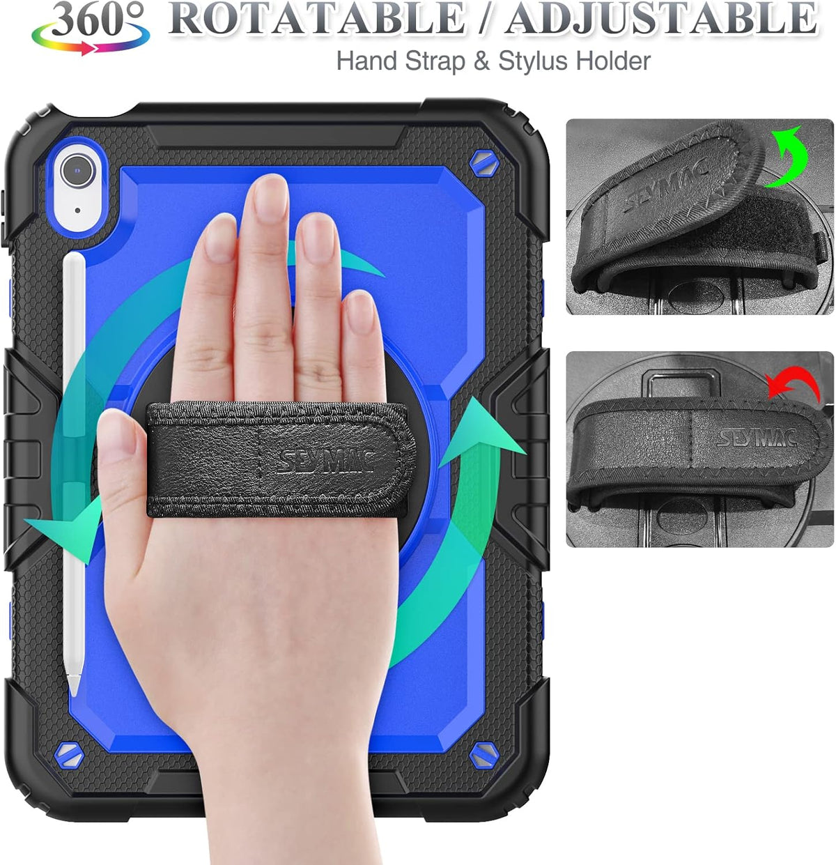 SEYMAC stock Case for iPad (A16) 11th/10th Generation 11''/10.9'' 2025/2022, Full-Body Drop Protection Case with Screen Protector &360° Rotate Hand Strap/Stand, Blue+Black