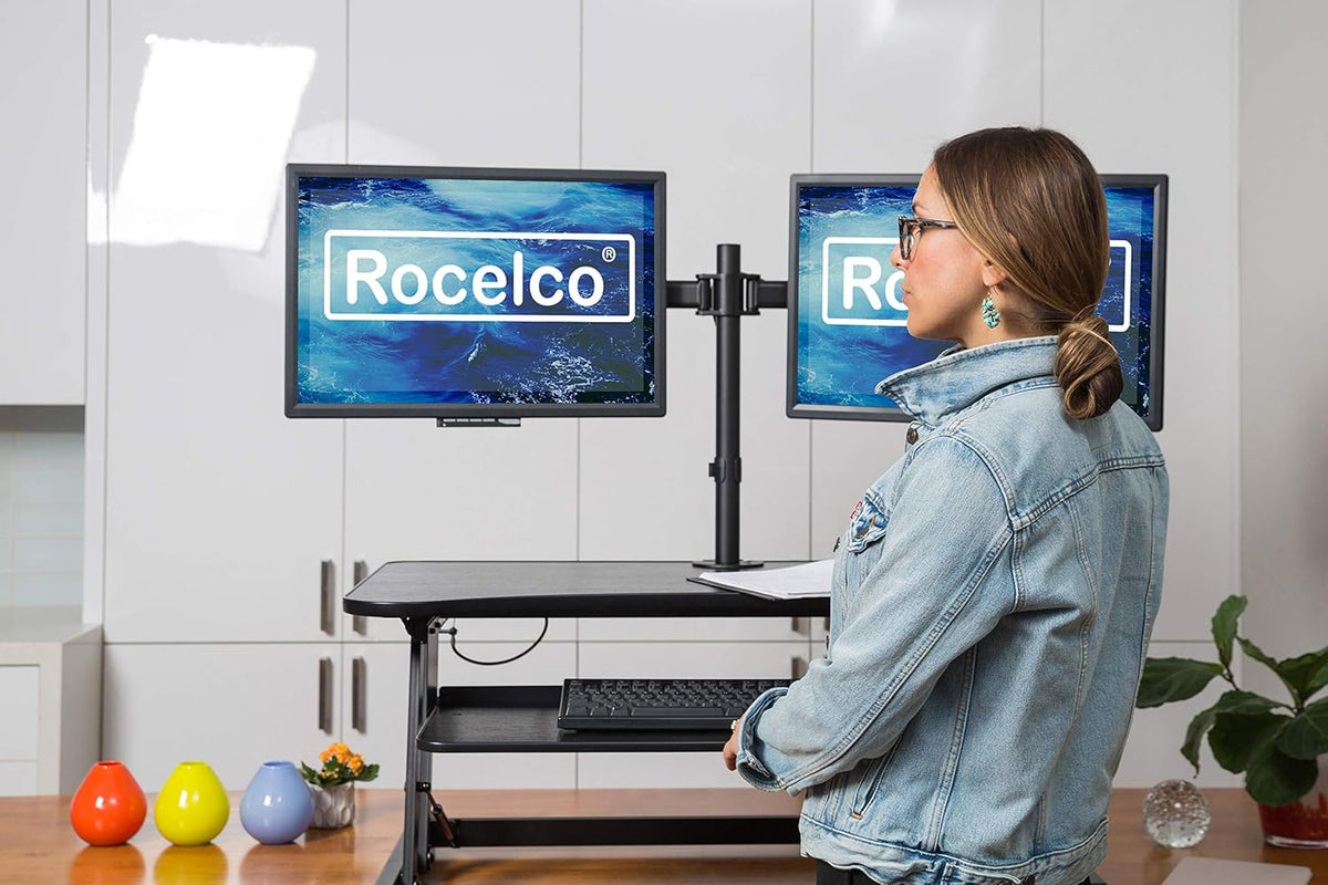 Rocelco 40" Large Height Adjustable Standing Desk Converter with Dual Monitor Mount BUNDLE - Quick Sit Stand Up Computer Workstation Riser - Retractable Keyboard Tray - Black (R DADRB-40-DM2)