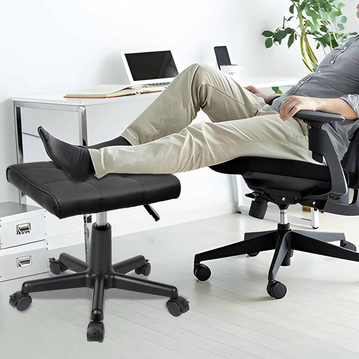 Real Leather Tall Foot Stool, Adjustable Leg Rest Ottoman Footrest with Wheels & Thick Padding, Ergonomic Footrest for Office & Gaming Chairs - Height 14.6-19.6 Inch, Lockable 360-Degree Casters