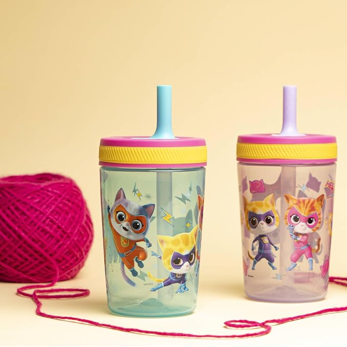 Zak Designs Disney SuperKitties Kelso Toddler Tumblers For Travel or At Home, 15oz 2-Pack Durable Plastic Sippy Cups With Leak-Proof Design is Perfect For Kids (Ginny, Sparks, Buddy, Bitsy)