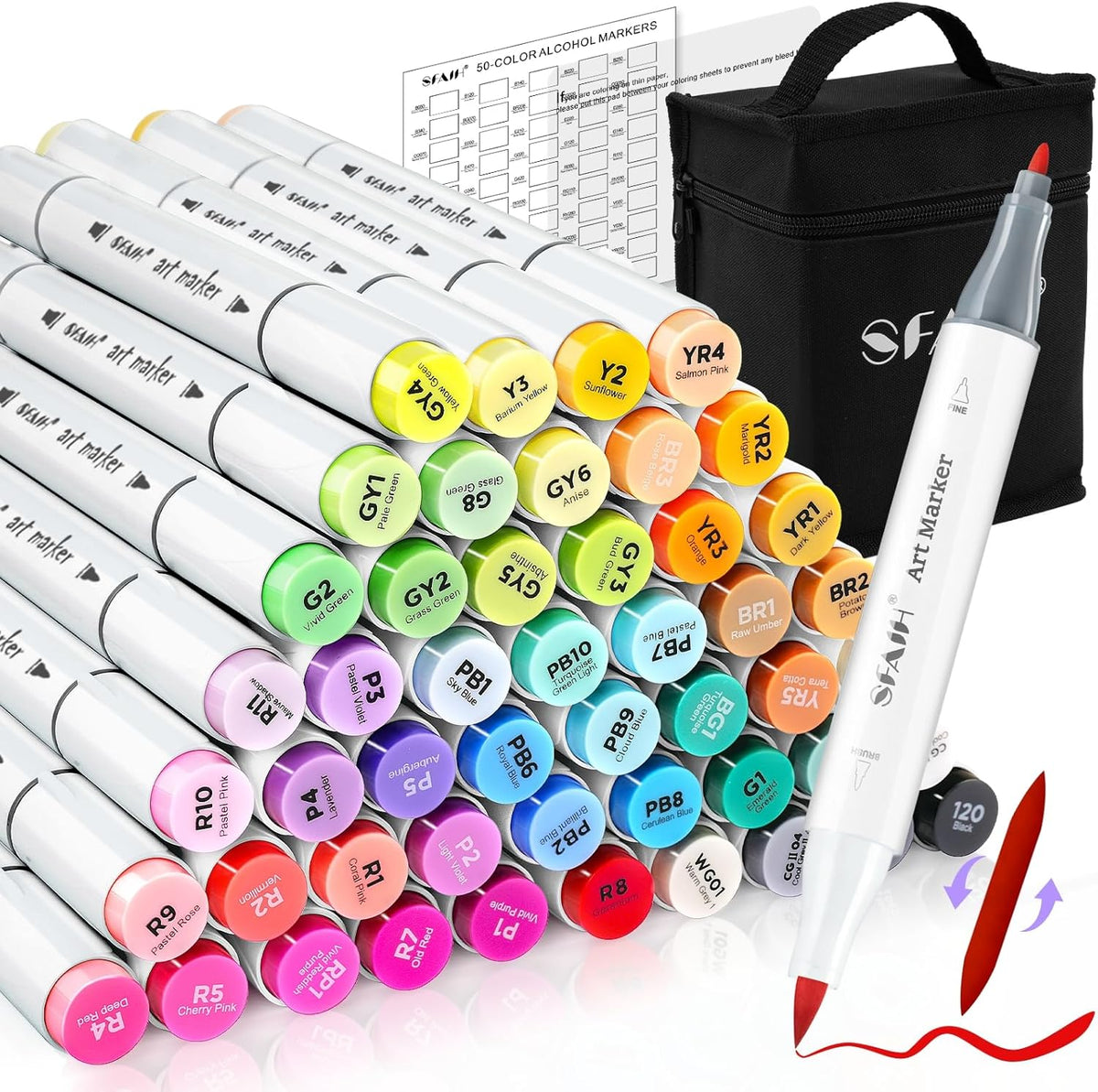 SFAIH Alcohol Markers Brush Tip & Fine Tip - 49 Colors Double Tipped Art Markers for Adult Coloring Books Illustration, Gifts for Artist Adult - Refillable Alcohol-based Ink