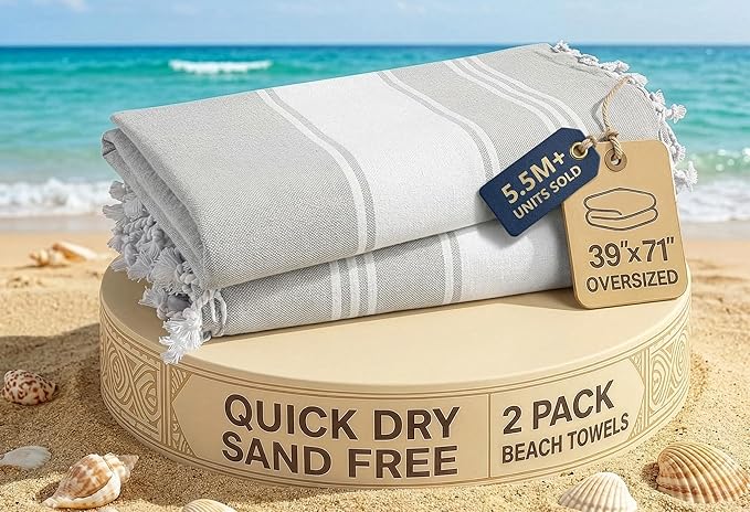 LANE LINEN Extra Large Beach Towels 2 Pack – Oversized 39"x71", Pre-Washed, Quick Dry, Sand-Free & Absorbent Pool Towels, Stylish & Lightweight for Women – Grey