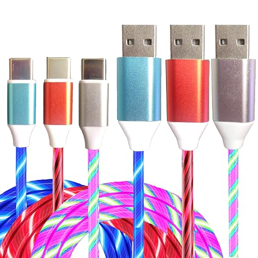 3 Pack Led USB C Charging Cable Light Up Type C Charger LED Light Up Fast USB-C to USB-A Charge Cord Compatible with Samsung Galaxy S23 S22 S21 S10 S9 Plus Note 20 10 Pixel(6.6FTBlue&ampColourful&am