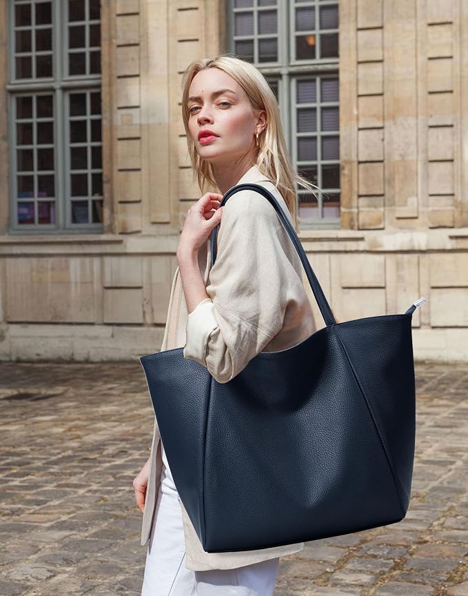 KALIDI Large Tote Bag Vegan Leather Casual Zipper Work Bag Weekender Hobo
