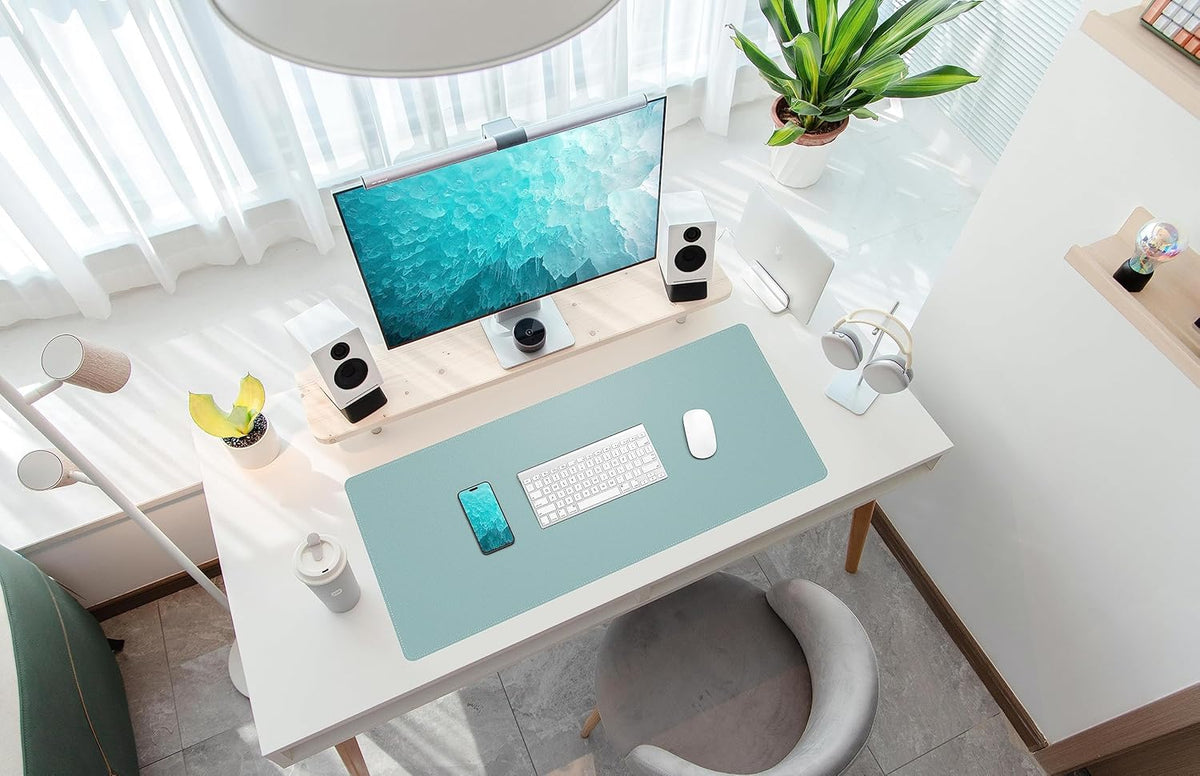 Leather Desk pad Protector, Large Desk mat with Natural Cork & PU Leather,Mouse pad,Non-Slip Office Desk Mat,Waterproof Desk Writing Pad for Office and Home (35in*17in, Light Blue)