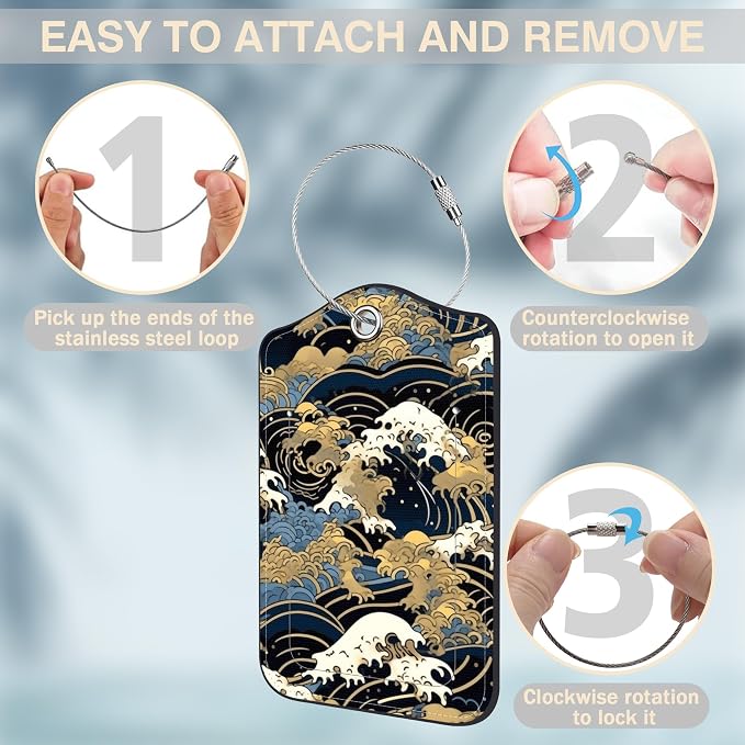 Japanese Art Blue and White Waves Set of 2 Luggage Tags