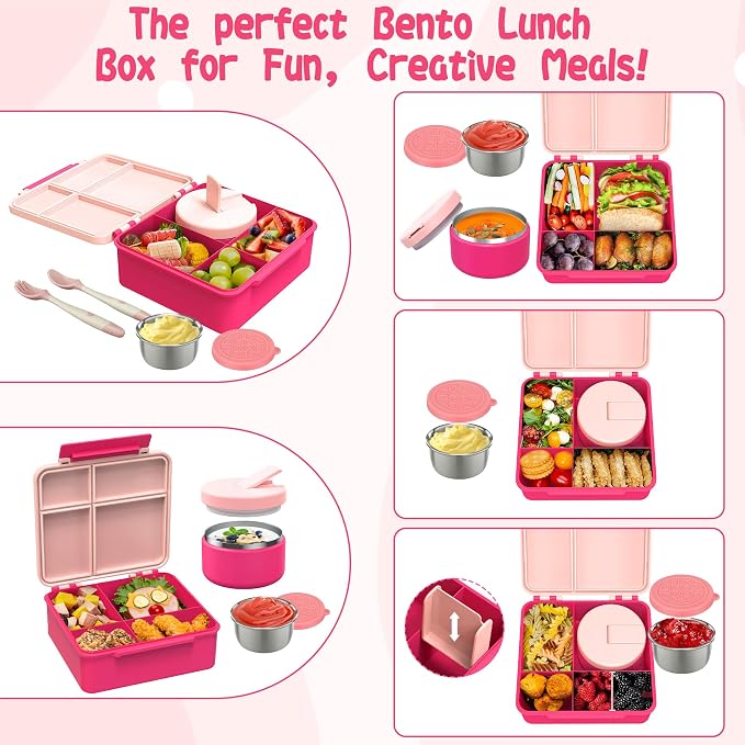Kids Bento Lunch Box with 8oz Soup Thermo, Kids Leakproof Lunch Food Containers