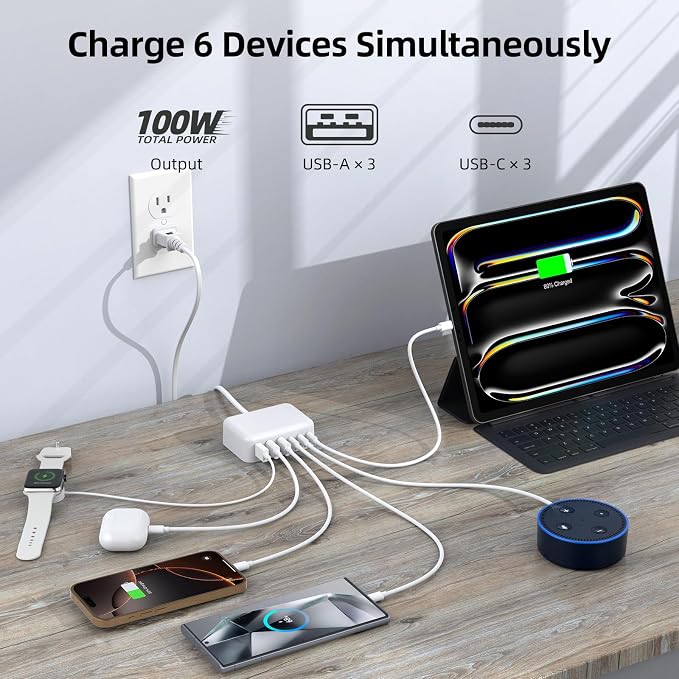USB C Charger Block, 100W GaN 6 Port PD USB C QC USB A Wall Charger Adapter