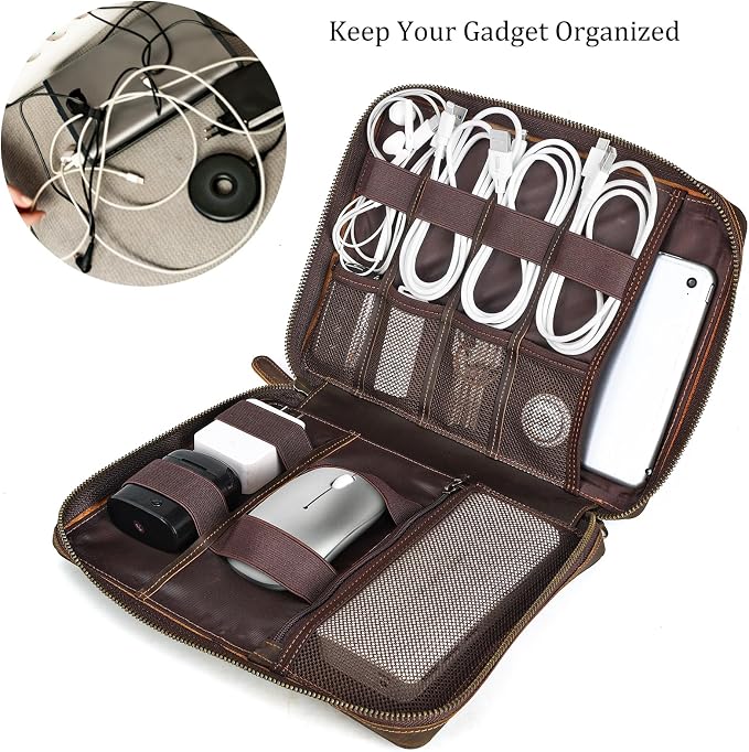 Polare Full Grain Leather Travel Cable Organizer Case Electronics Accessories