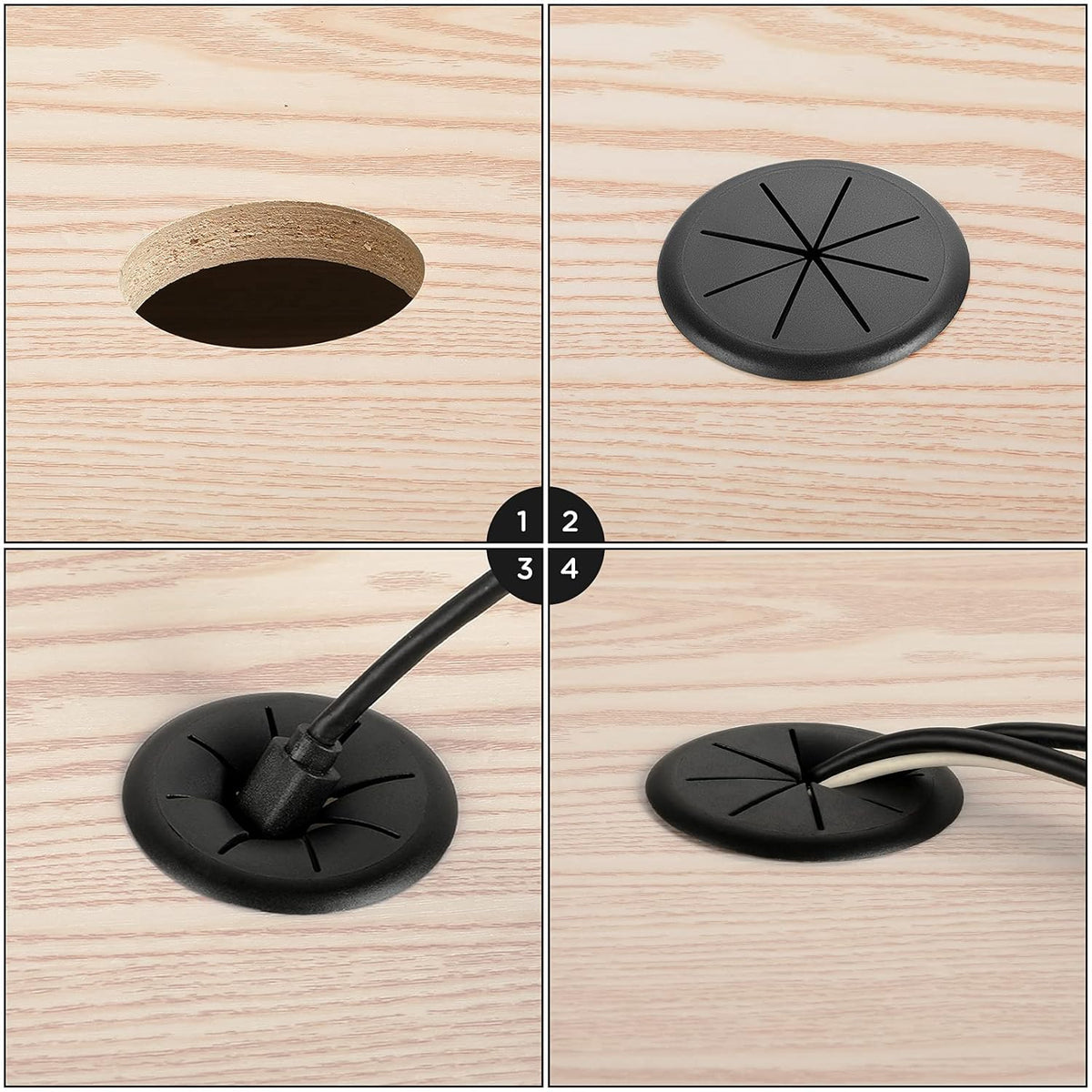 HYCC 5 Pack 2-3/8 Inch Flexible Desk Grommet,Organize Wires and Cables on Office Equipment, Computer Components, Entertainment Systems Effectively - Color: Black