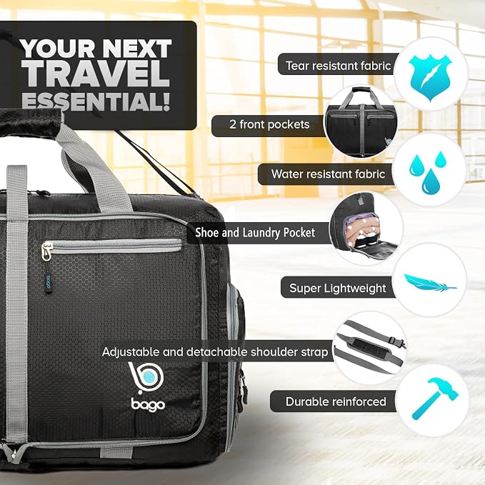 Bago Foldable Duffel Bags for Traveling Women & Men - 40L Sports Packable