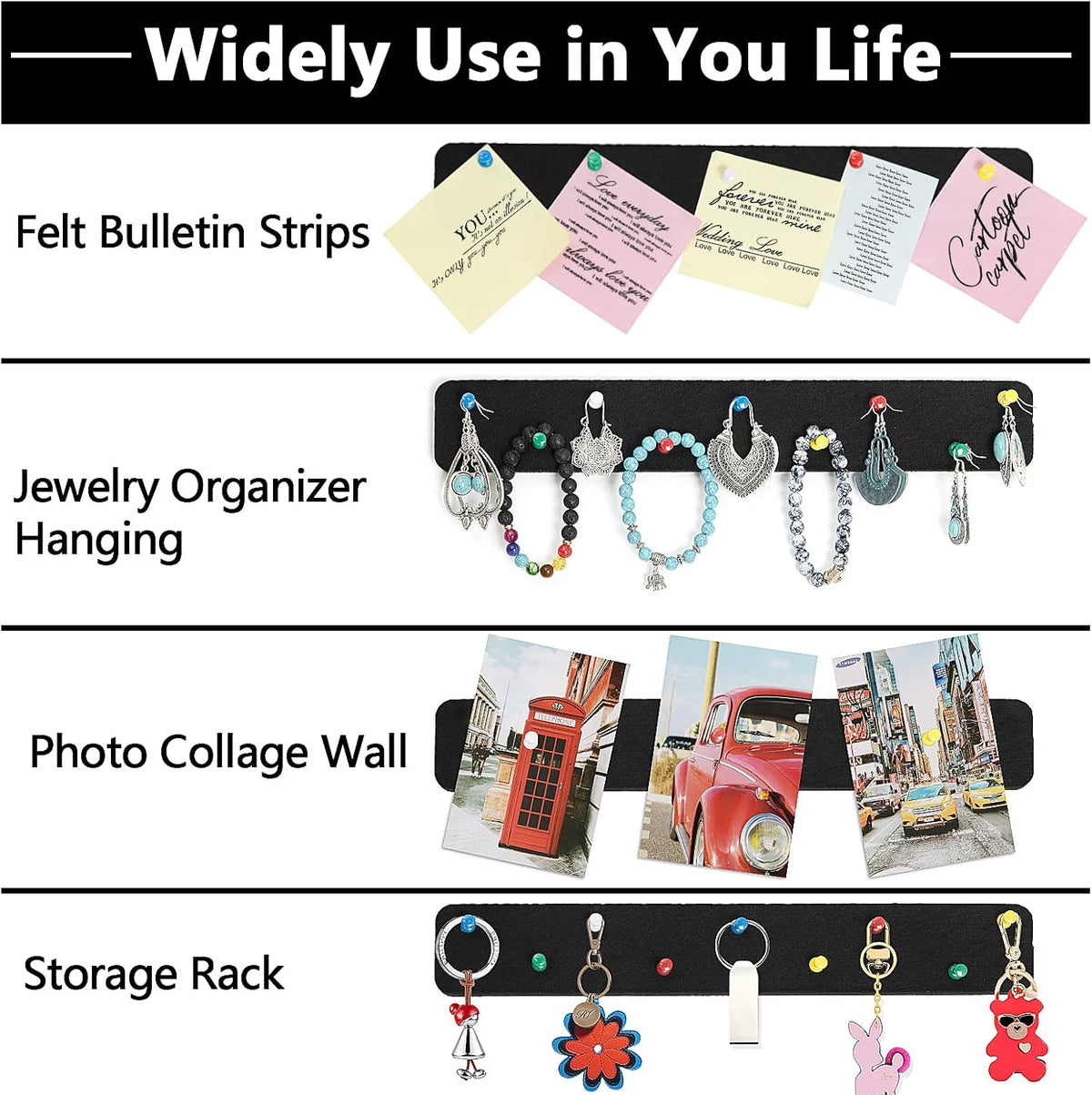 5 Pack Felt Pin Board Bar Strips Bulletin Board for Bedrooms Offices Home Wall Decoration, Notice Board Self Adhesive Cork Board with 35 Push Pins for Paste Notes, Photos, Schedules (Black)