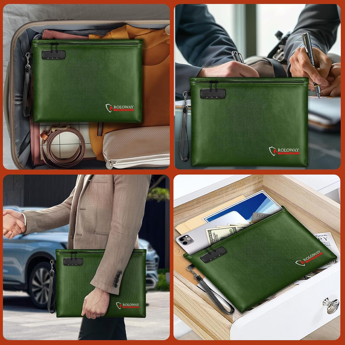ROLOWAY Fireproof Document Bag (14.5 x 11.5 inch), 6400℉ Fireproof Money Bag with Zipper for Cash, Fire Safe Money Pouch with Lock (Green)