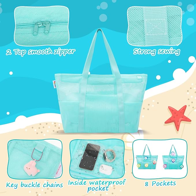 Tagitary Mesh Beach Bag with Zipper Large Beach Tote Waterproof Sandproof with