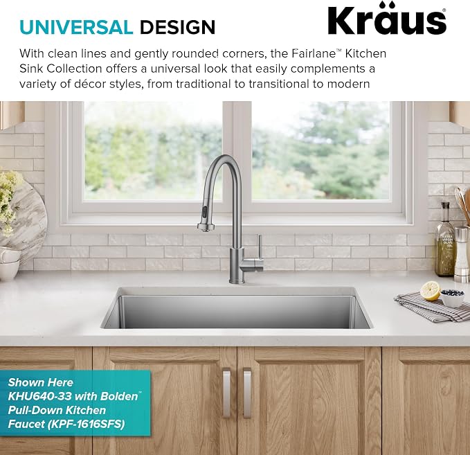 KRAUS Fairlane 33-inch Undermount Double Bowl 18-Gauge Stainless Steel Kitchen