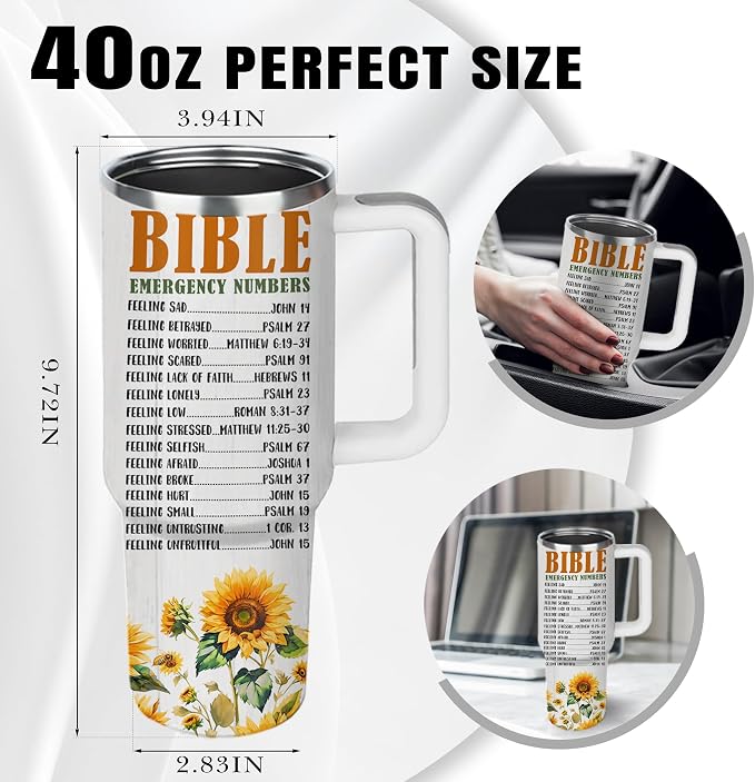 Sunflower Christian Gifts for Women, 40 oz Bible Emergency Numbers Tumbler with Lid and Straw, Inspirational Religious Birthday Gifts for You are Cup Christian