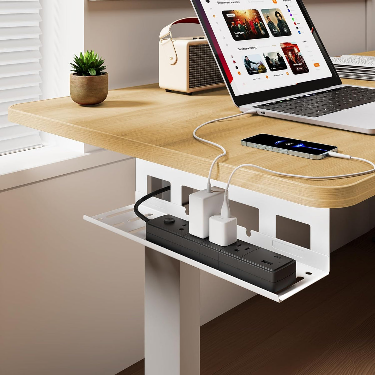 Under Desk Cable Management Tray, 15.7 Inches Metal Cord Organizer Rack, Desk Tray for Power Strip, Cord, Wire, Easy Mounting Cable Management Under Table for Home Office, White
