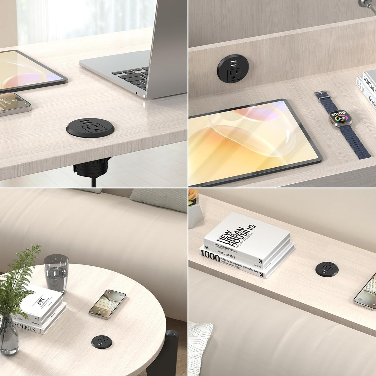 VILONG Desk Power Grommet with 2 USB, Fits 2 inch Grommet Hole, Recessed Power Strip Socket, Plug in 2 Outlet 6 ft Extension Cord (ETL Listed)