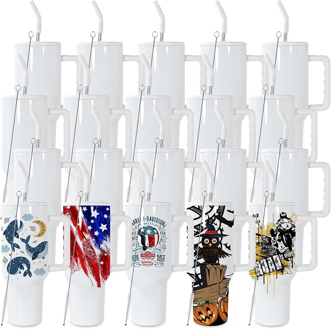 sweet grain 40 oz Sublimation Tumbler with Handle and Straw(20 Pack) Stainless Steel Double Wall Vacuum Insulated Travel Mug Cup Tumblers Bulk Sublimation Blank - White