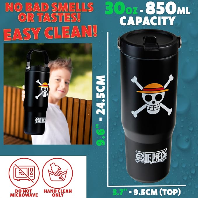 Get Trend One Piece Tumbler with Straw 30oz Kids Teens Insulated Cup with Lid Handle Travel Mug Cups with Lids for School Sports Anime Gifts for Kids (Black One Piece)