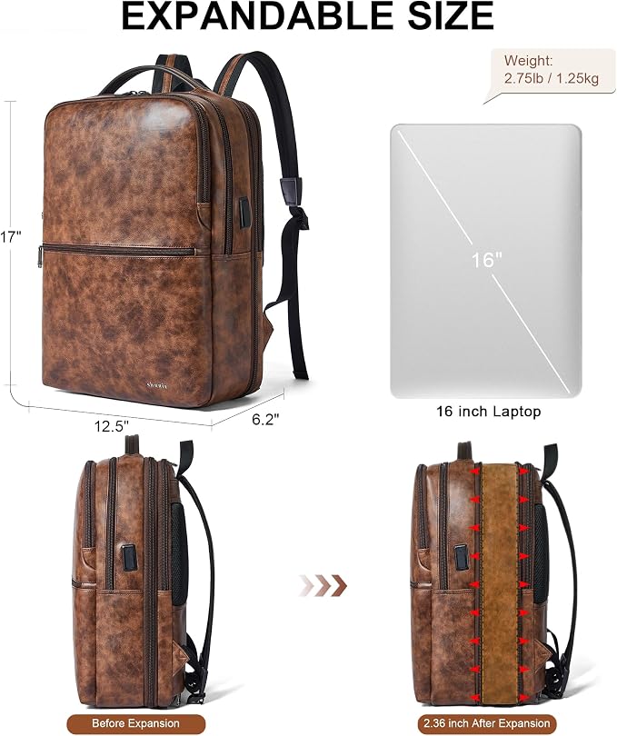 Vegan Leather Laptop Backpack for Women&Men, 16 Inch Expandable Backpack