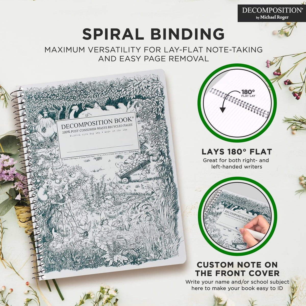 Decomposition Gardening Gnomes College Ruled Spiral Notebook - 9.75 x 7.5 Journal with 160 Lined Pages - 100% Recycled Paper - Cute Notebooks for School Supplies, Home & Office - Made in USA