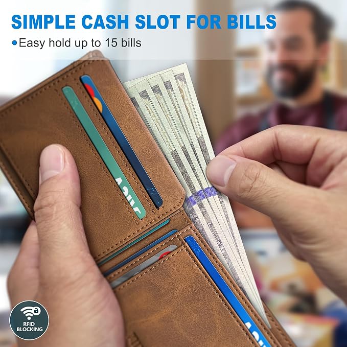 Airtag Wallet for Men, with Cash Pocket 2 ID Window 13 Cards, Slim Leather