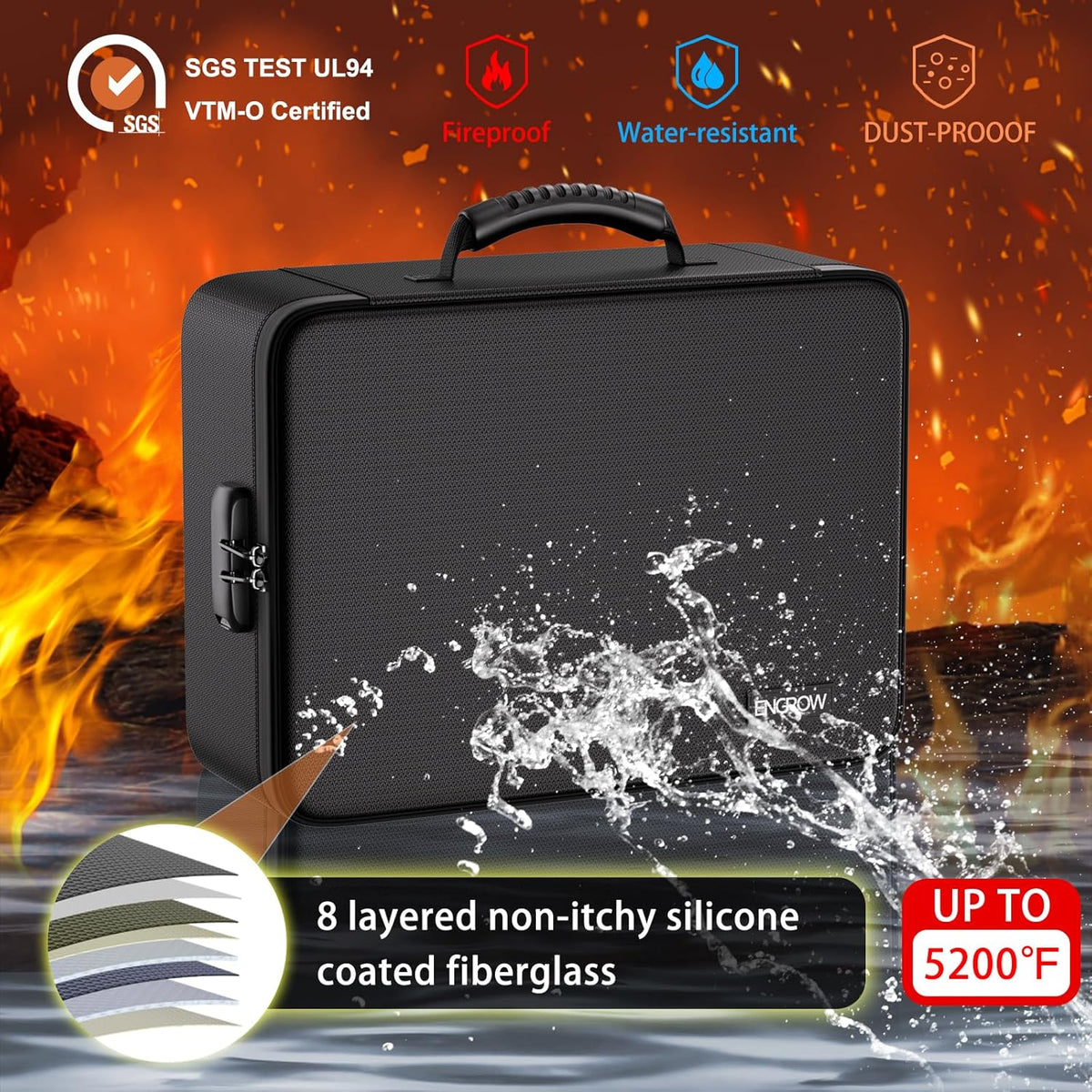 ENGPOW Fireproof Document Box with Lock,5200℉ Soft Case Fireproof Box with 25 Pocket Accordion File Folder,Multi-Layer Fireproof Water Resistant File Organizer Storage for Important Documents,Laptop