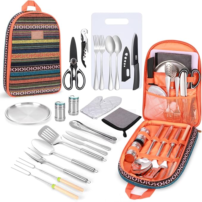 Portable Camping Kitchen Utensil Set-27 Piece Cookware Kit, Stainless Steel