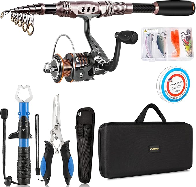 PLUSINNO Fishing Rod and Reel Combos Carbon Fiber Telescopic Fishing Pole